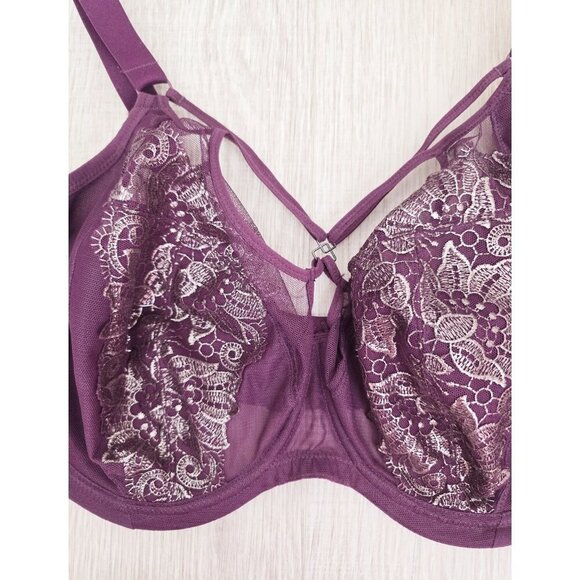 Elomi Eugenie Purple Underwire Unpadded Strappy Floral Plunge Lingerie Bra 36K - Picture 3 of 9
